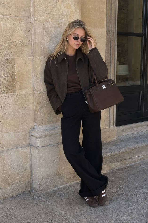 Collared Zip Front Wool-Look Cropped Bomber Jacket