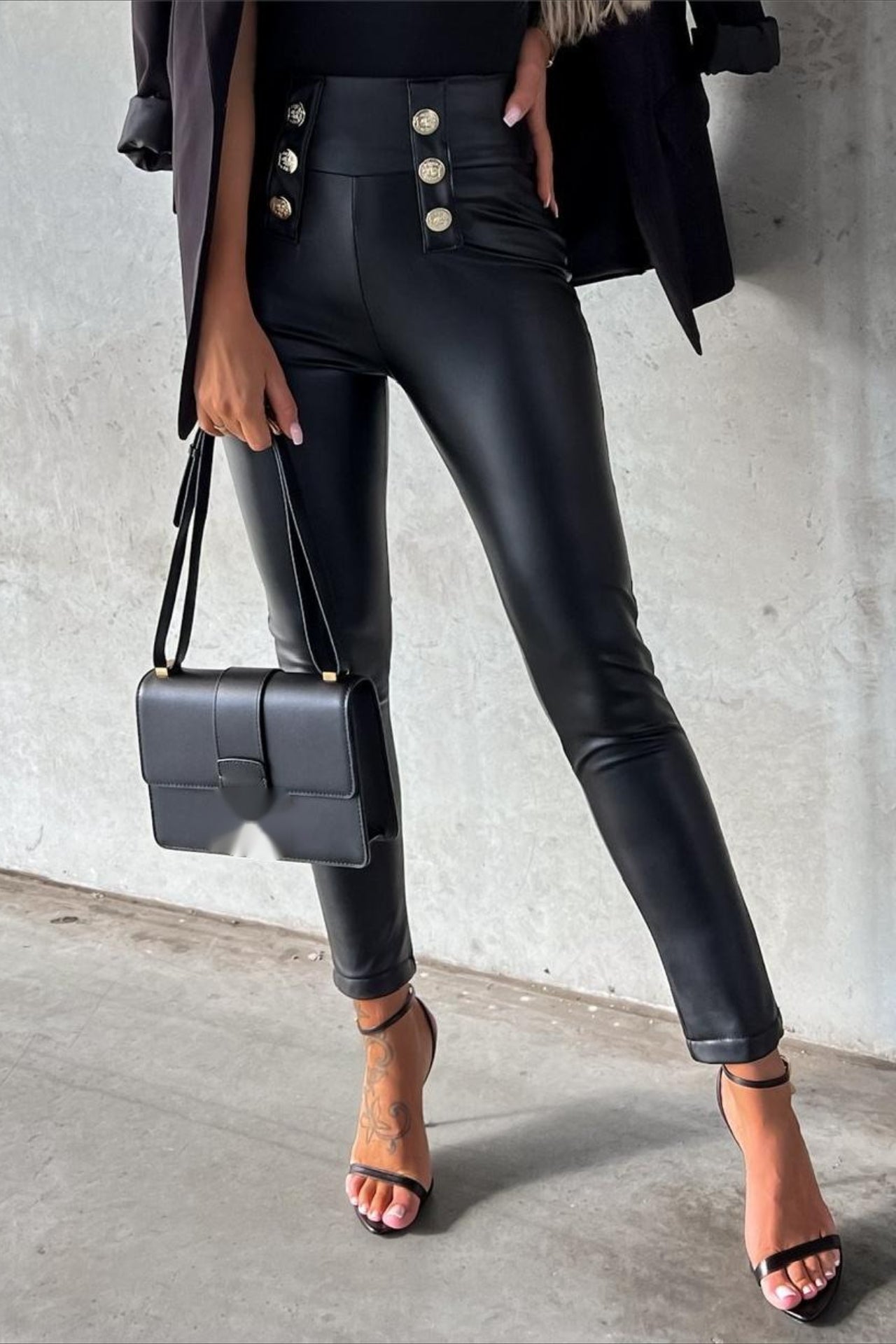 Buttoned PU Slim Fit Tight Casual Fashion Pants