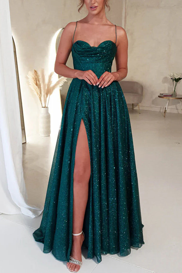 Cinderella Glitter Tulle Fabric Cowl Neck Back Lace-up Maxi Dress - View 7