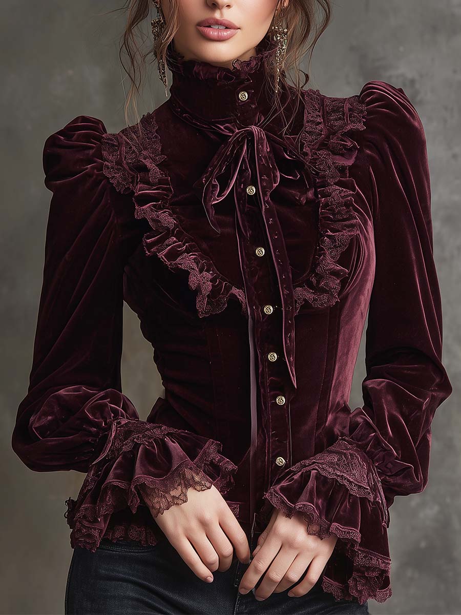 Garnet Red Romance Victorian Velvet Ruffle Blouse