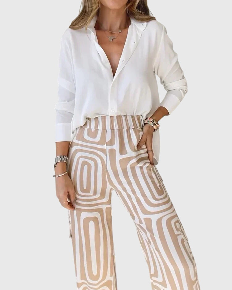 Long Sleeve Shirt and Geometric Print Wide Leg Pants Two Piece Set
