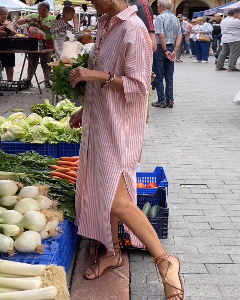 Mariana Effortless Striped Casual Dress with Cuffs and Slits Statement Occasion Edit