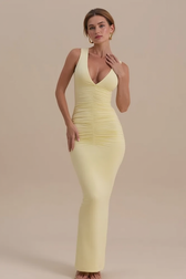 Sleeveless V Neck Ruched Back Slit Bodycon Party Dress