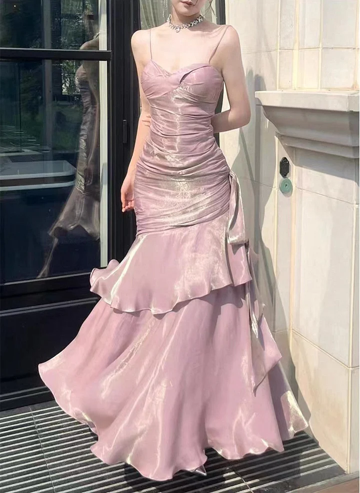 Chic Pink Satin Straps Long Party Dress Satin Mermaid Prom Dress Evening Dress cc1455