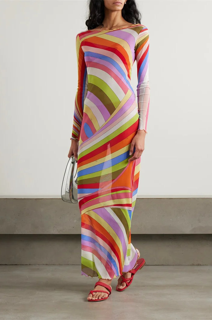 Striped Print Mesh See Through Patchwork Maxi Dress 3