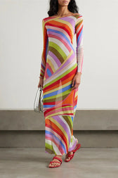 Striped Print Mesh See Through Patchwork Maxi Dress 3