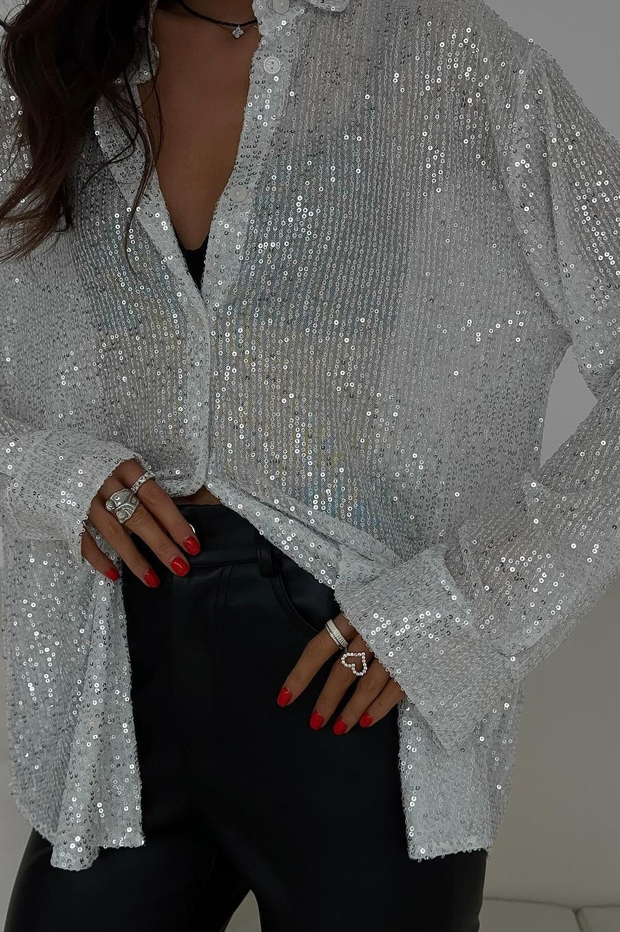Sequin Collared Long Sleeve Glamorous Blouse