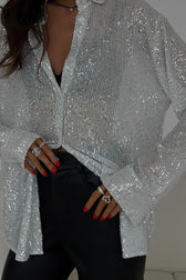 Sequin Collared Long Sleeve Glamorous Blouse
