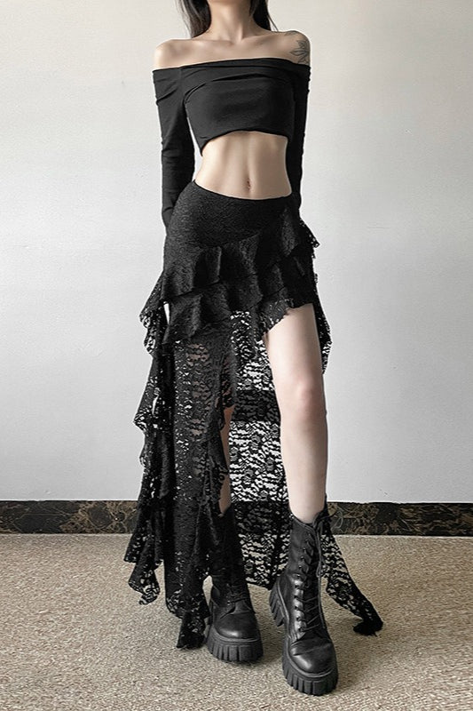Lace Overlay Wave Detail Bodycon Skirt