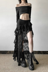 Lace Overlay Wave Detail Bodycon Skirt