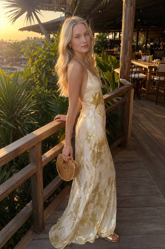 Metallic Print V-Neck Backless Slip Long Dress
