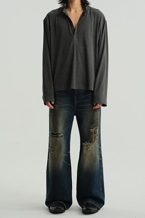 Henley Neck Button Placket Long Sleeve Loose Fit Tee 6
