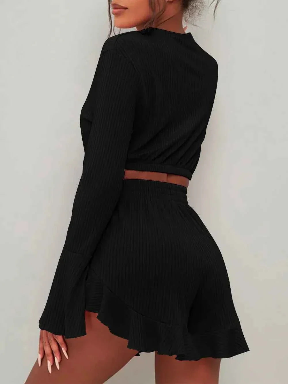 Ribbed Round Neck Bell Sleeve Crop Top and Ruffle Hem Shorts Two Piece Set 9