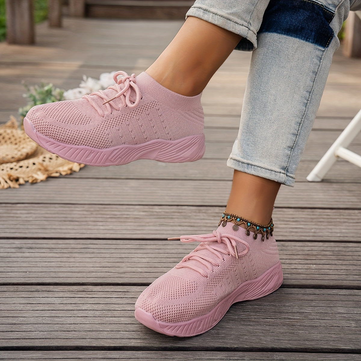 Knit Mesh Lace Up Thick Sole Sneakers