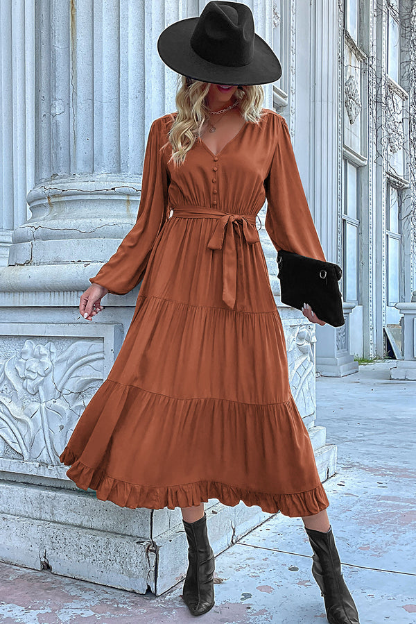 Scarlett Aesthetic Pleated Dress with Cinnamon Knots, Lantern Sleeves and Ruffled Hem Chic Silhouette Collection