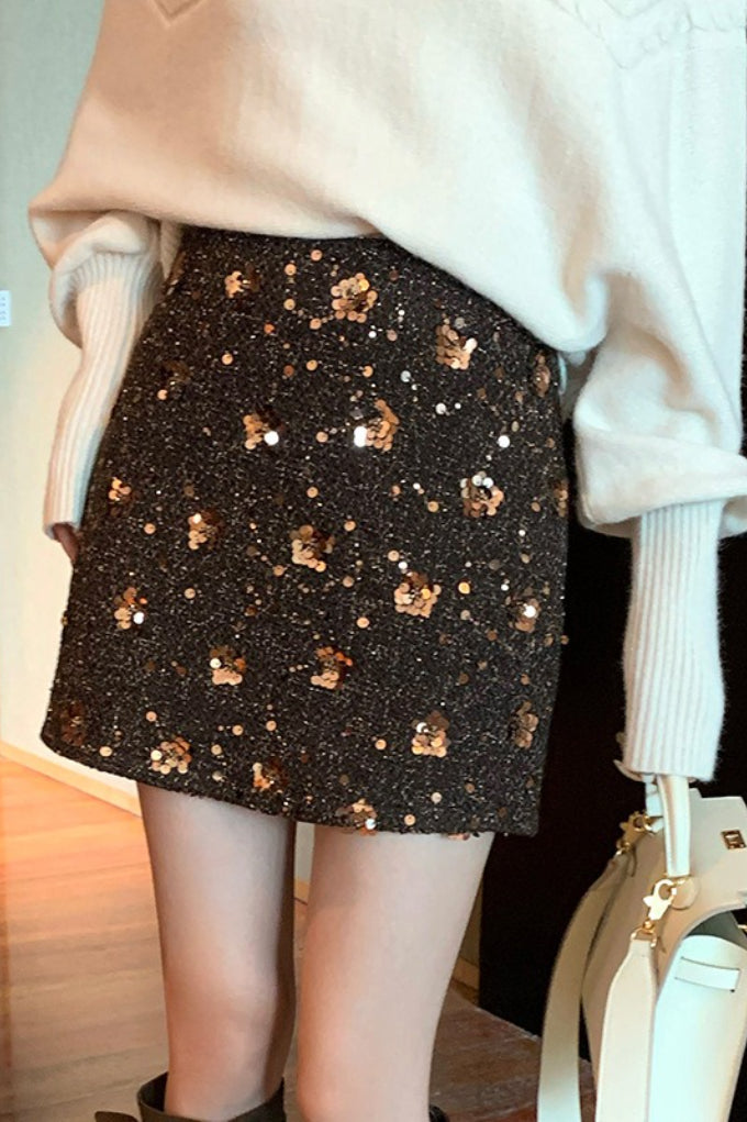 Sequin Floral Embellished Tweed High Waist Mini Skirt