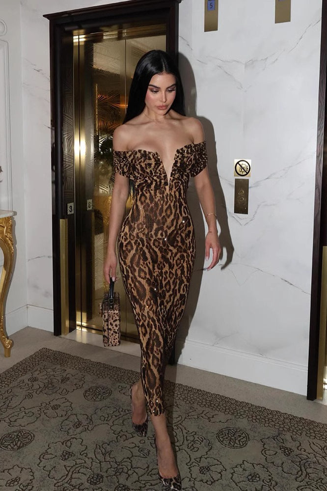 Leopard Print Off Shoulder Cut Out Bodycon Midi Dress