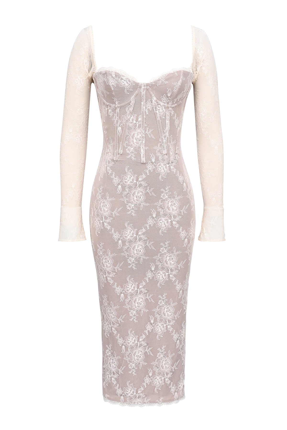 Floral Lace Corset Bodice Sweetheart Long Sleeve Midi Dress 12