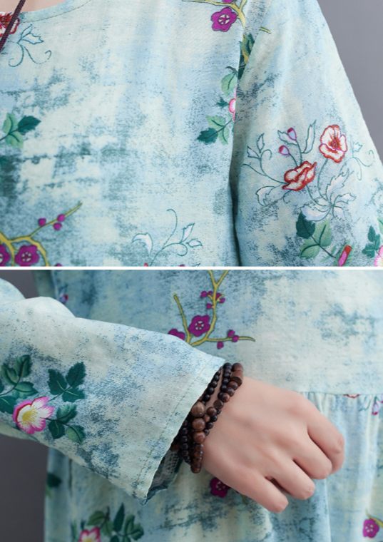 Small Floral Print Empire Waist Gathered Long Sleeve Loose Maxi Dress