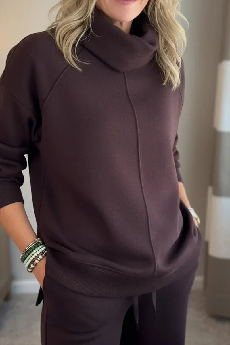 Cowl Neck Long Sleeve Top and Wide Leg Pants Two Piece Set
