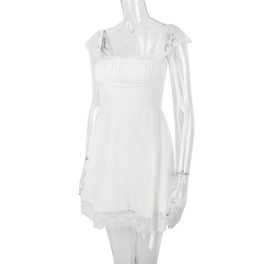 Lace Trim Square Neck Ruched Fit and Flare Mini Dress 31