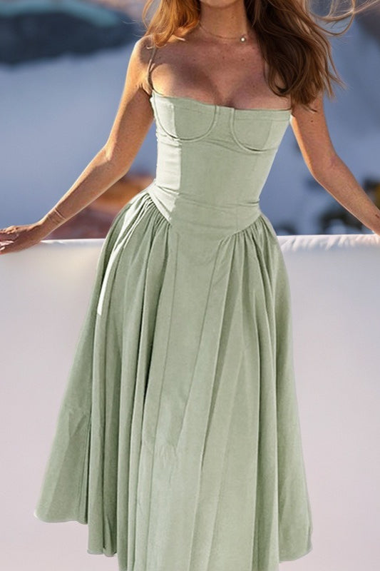 Satin Sweetheart Wide Strap Fit and Flare Midi Dress