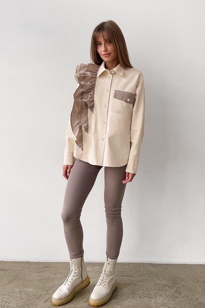 Collared Long Sleeve Contrast Ruffle Trim Chest Pocket Oversized Shirt 4