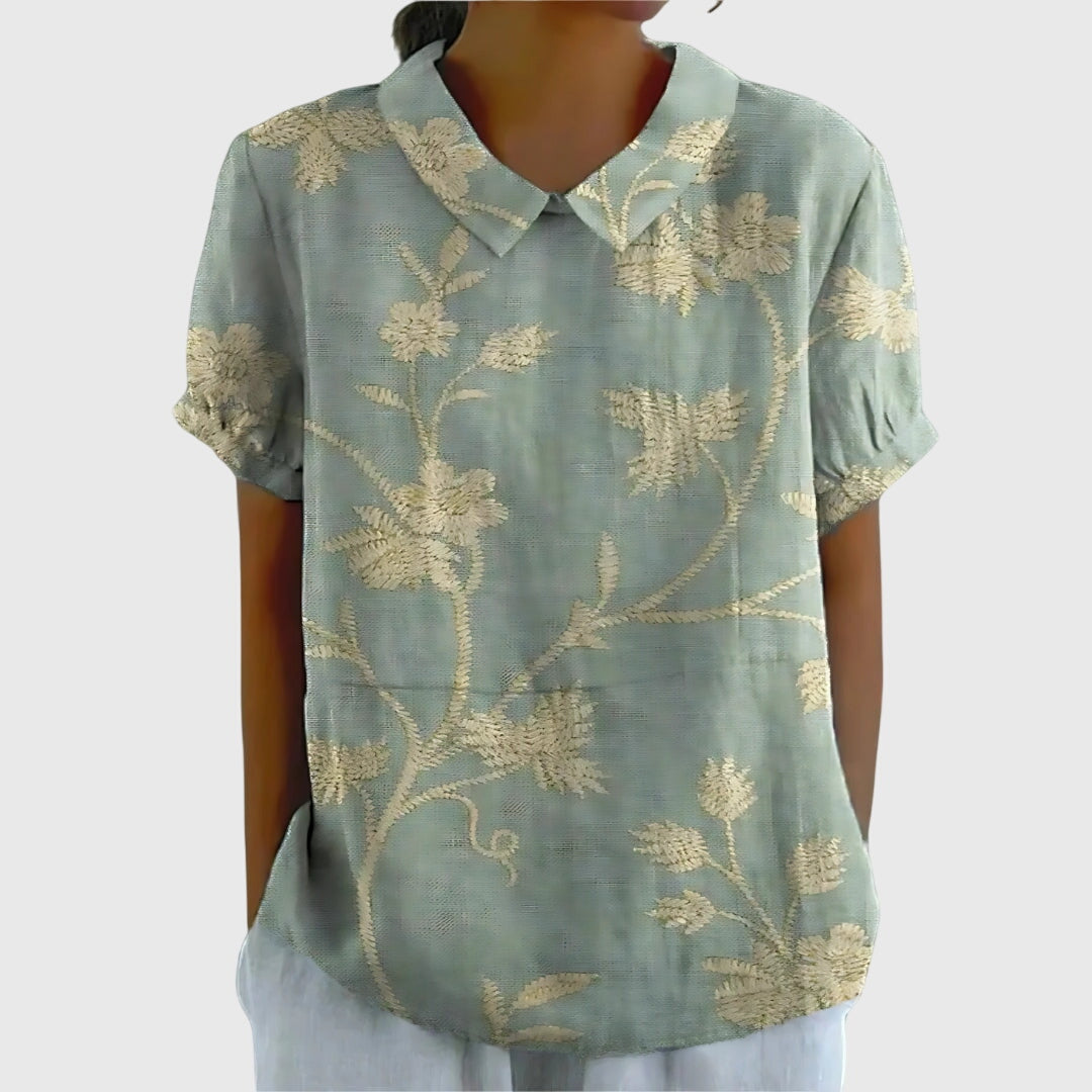 Floral Print Notch Neck Short Sleeve Linen Blouse 12