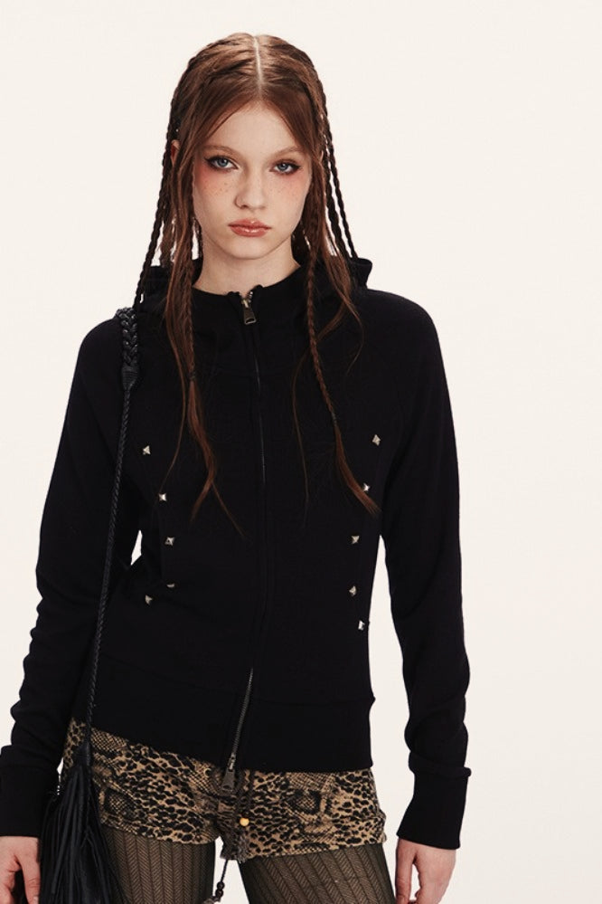 Fitted Stud Detail Two Way Zip Long Sleeve Hoodie