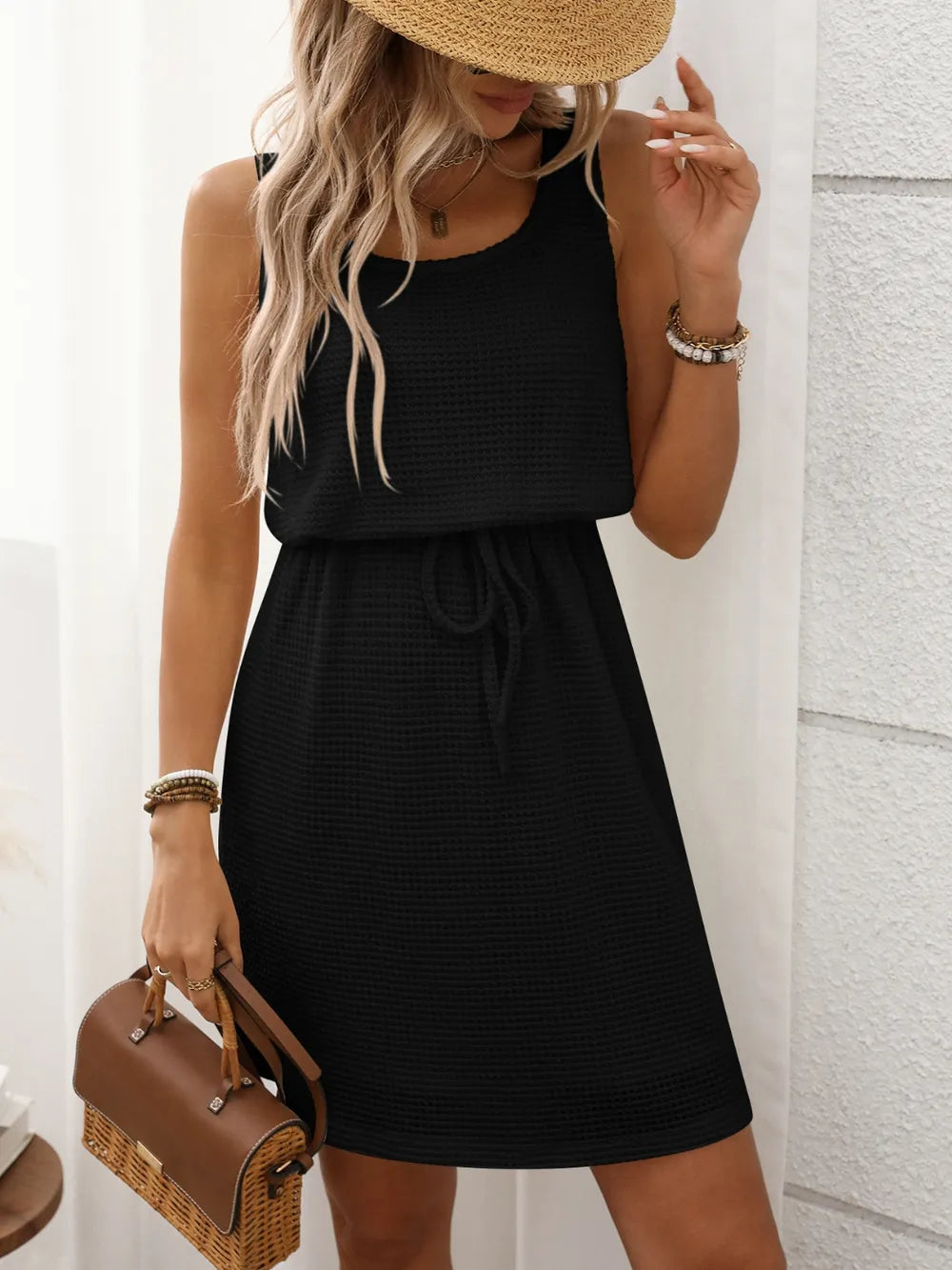 Waffle Mini Dress - Drawstring Black