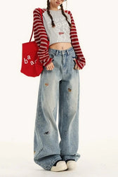 Embroidered Wide-Leg Denim Jeans