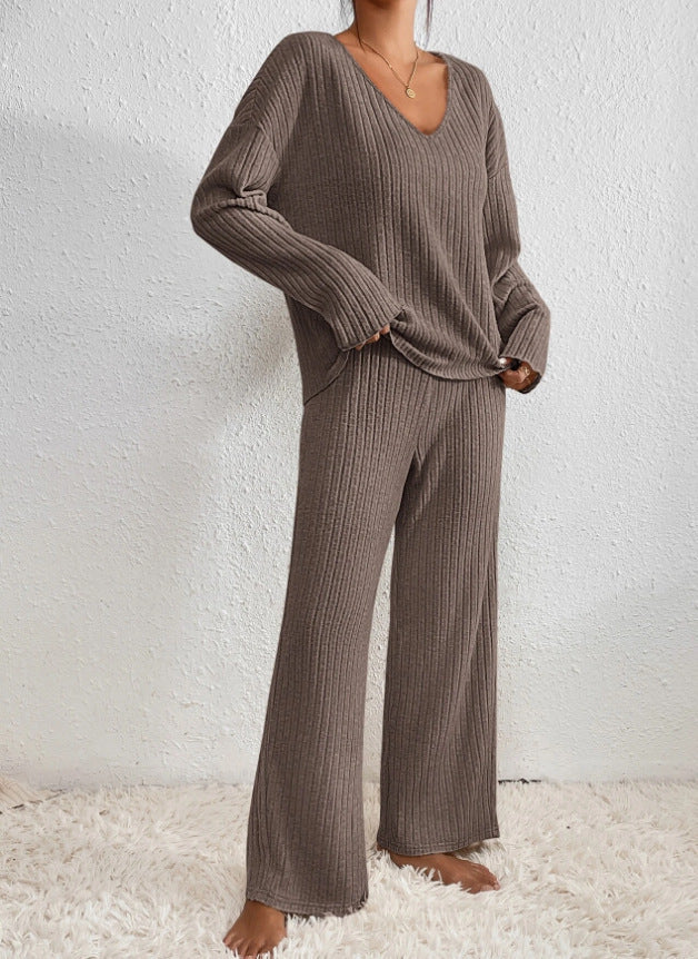 Ribbed Knit V-Neck Long Sleeve Top and Wide Leg Pants Two Piece Set