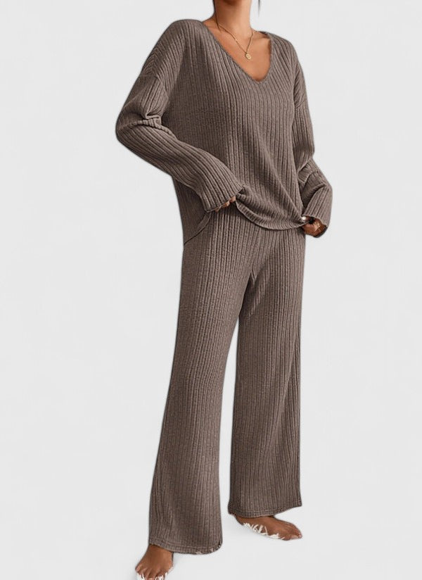 V-Neck Long Sleeve Ribbed Knit Top and Wide Leg Pants Two Piece Set