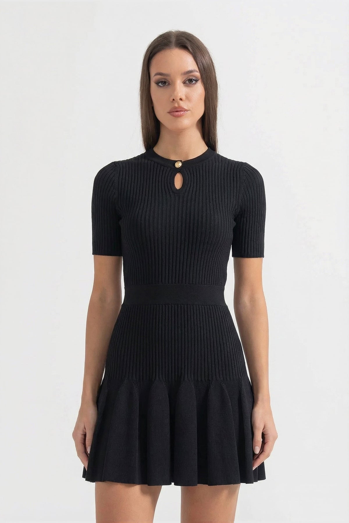 Ribbed Knit Keyhole Neck Short Sleeve Flounce Hem Mini Dress 6