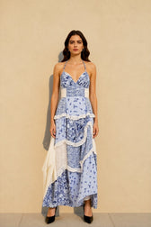 Boho Tie Shoulder Patchwork Floral Dress