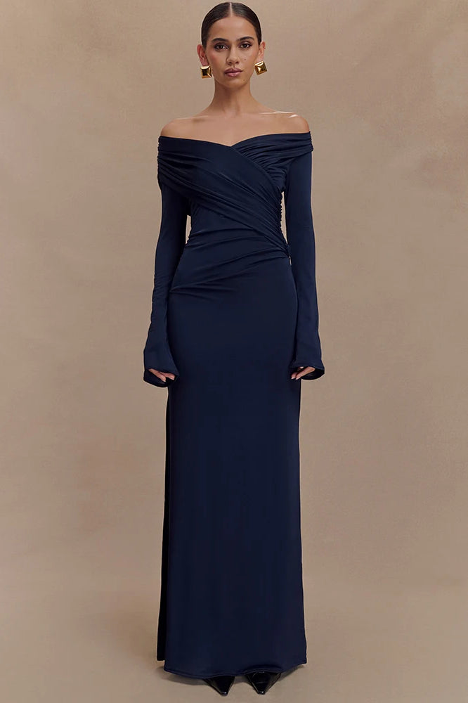 V Neck Long Sleeve Ruched High Waist Maxi Dress