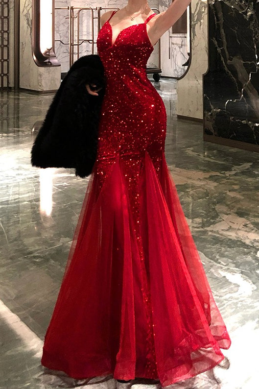 Sequin Sweetheart Spaghetti Strap Tulle Mermaid Maxi Gown