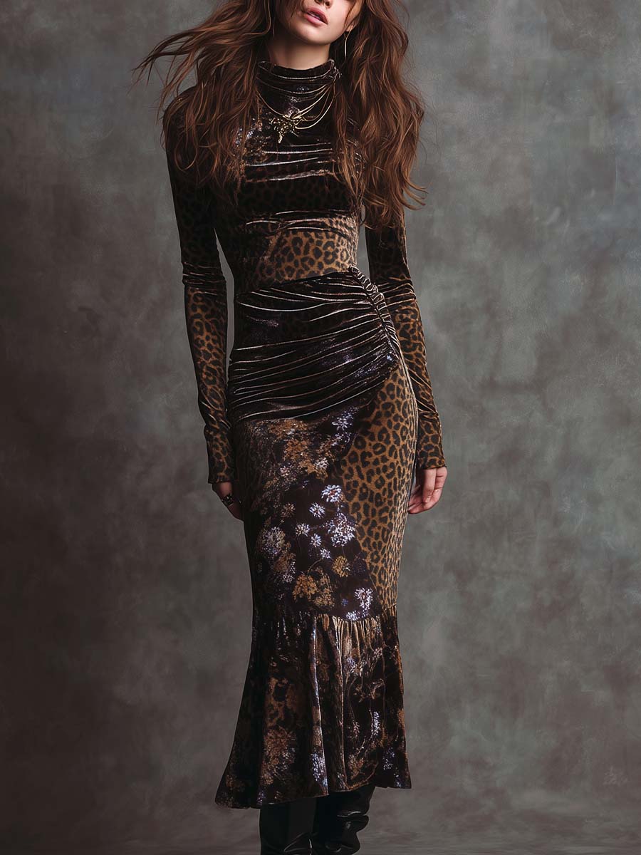 Retro Gothic Leopard Print And Floral Patchwork Velvet Maxi Dress - FashionAxe