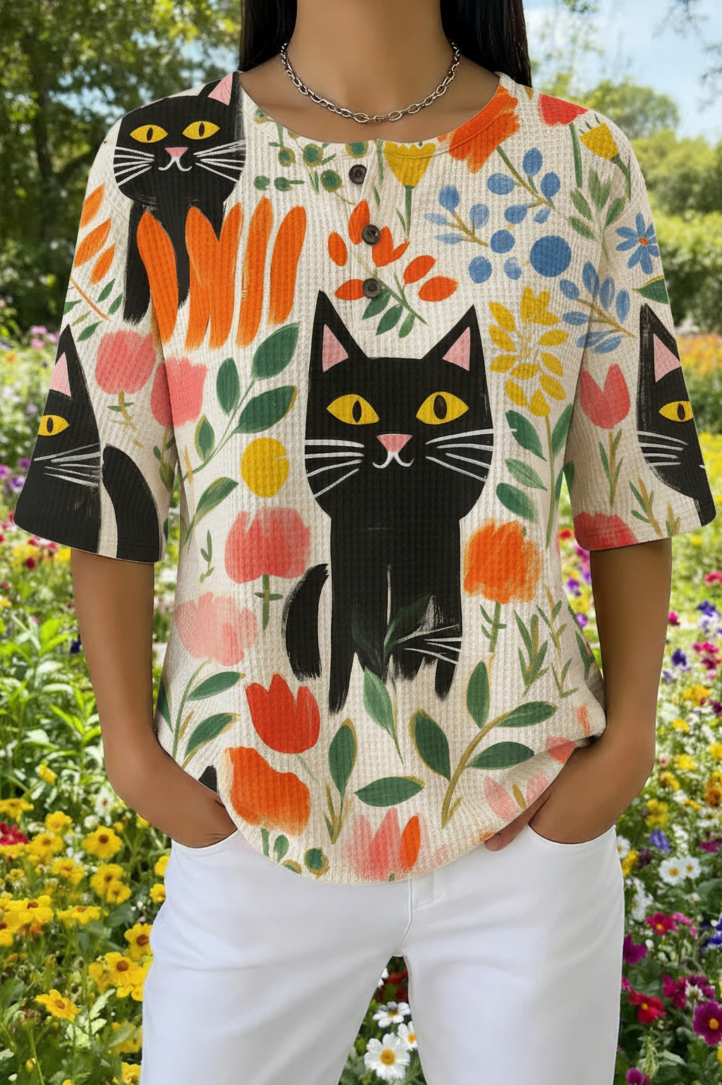 Womens White Multi-Color Floral Black Cat Print Casual Shirt