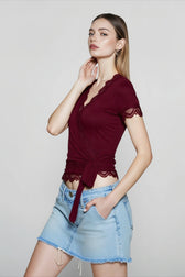 Lace Trim V Neck Tie T-shirts
