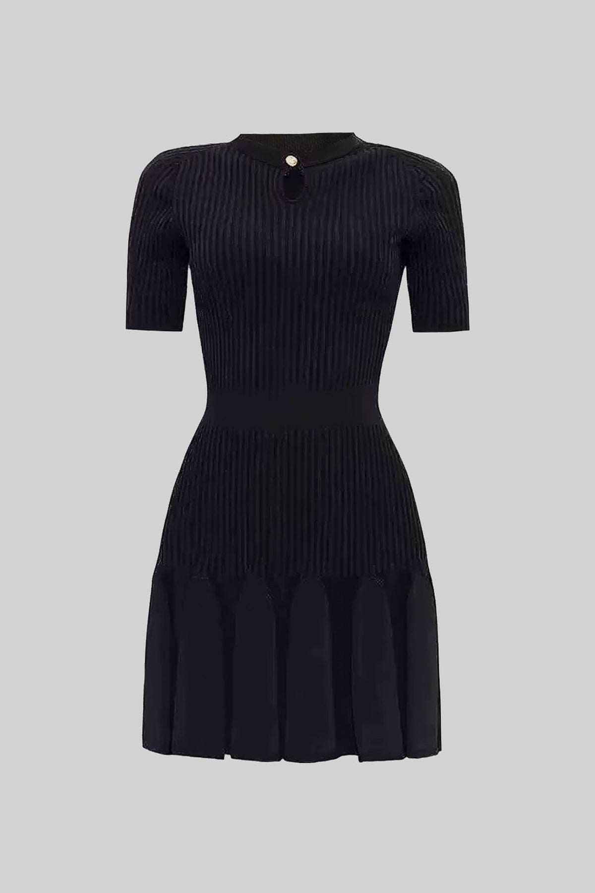 Ribbed Knit Keyhole Neck Short Sleeve Flounce Hem Mini Dress 5