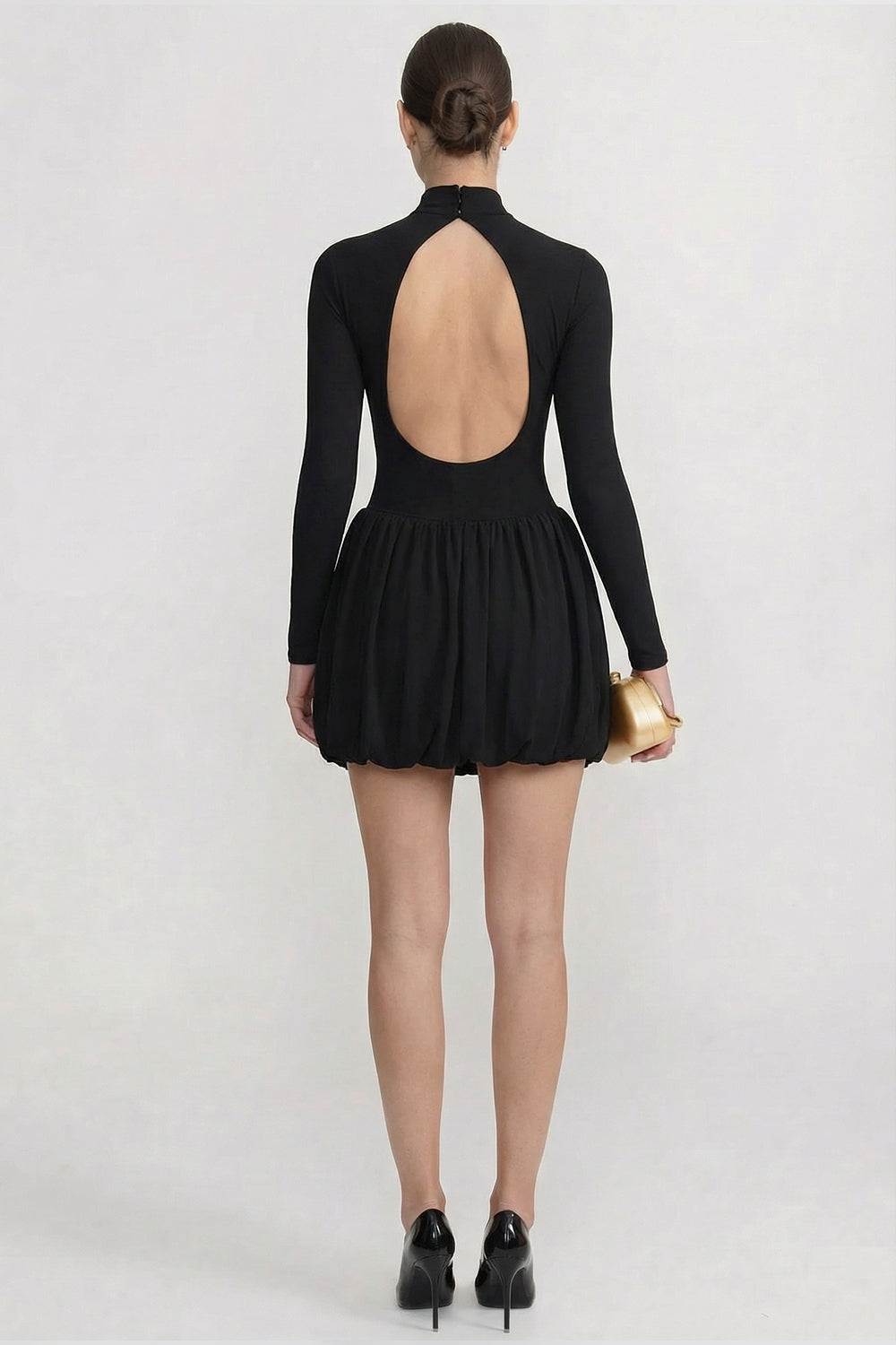 Mock Neck Long Sleeve Drop Waist Draped Bubble Skirt Mini Dress 4