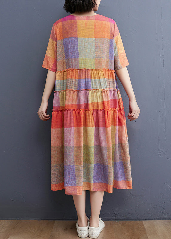 Plaid Print Crew Neck Short Sleeve Tiered Ruffle Oversized Midi Dress