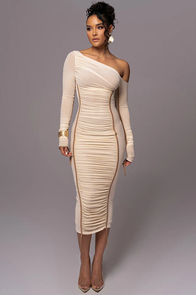 Ruched Mesh Asymmetric Off Shoulder Long Sleeve Bodycon Midi Dress