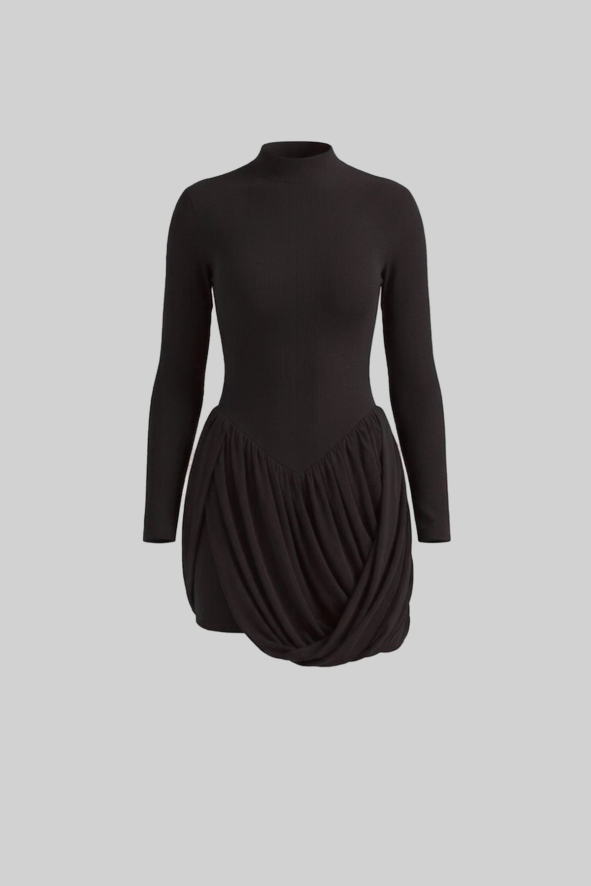 Mock Neck Long Sleeve Drop Waist Draped Bubble Skirt Mini Dress 2