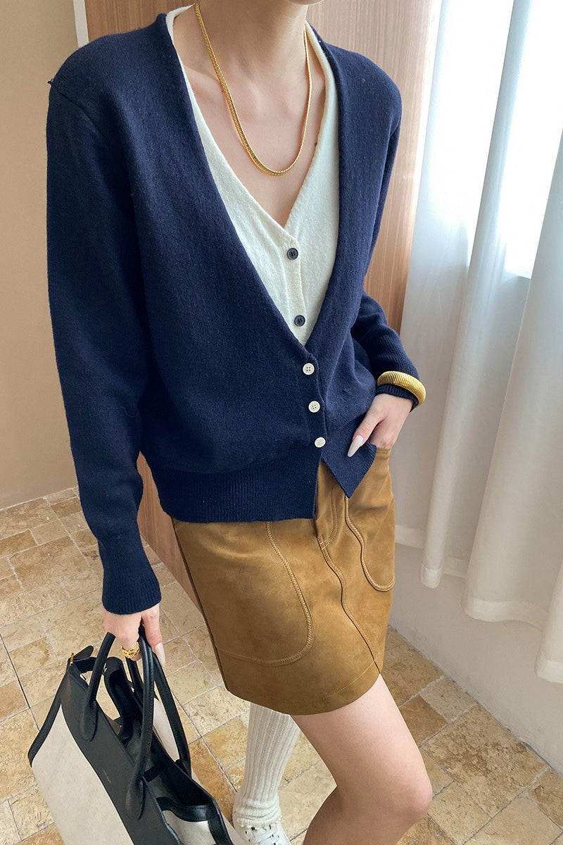 V-Neck Long Sleeve Two Tone Layered Look Button Front Knit Cardigan 4