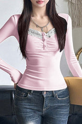 Retro Ribbed Lace Long Sleeve Top