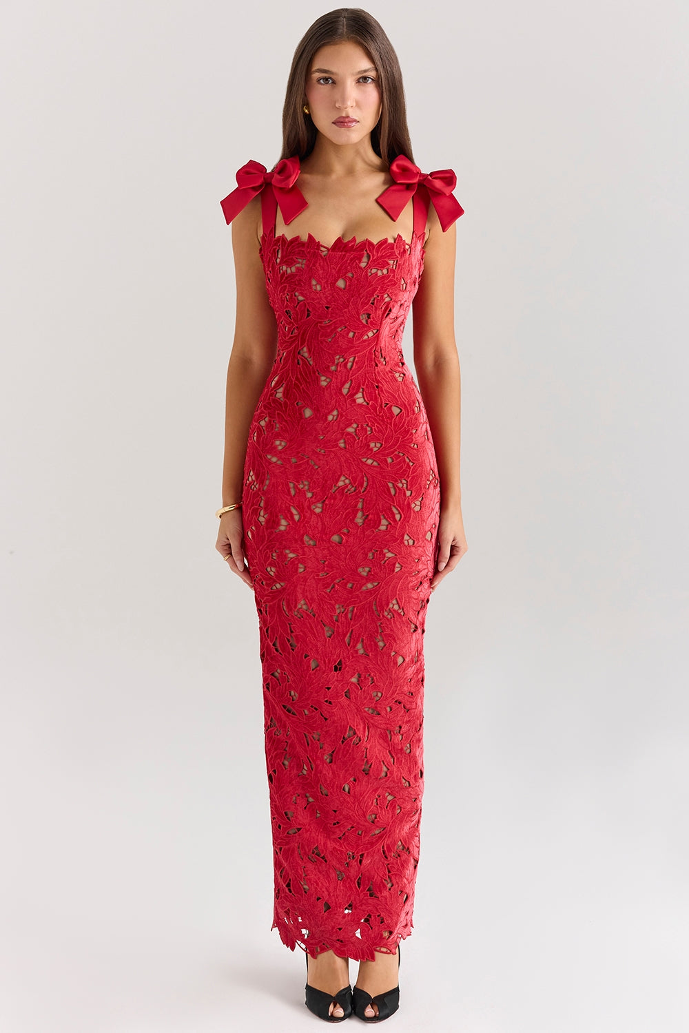 Cutwork Lace Bow Shoulder Square Neck Column Maxi Dress