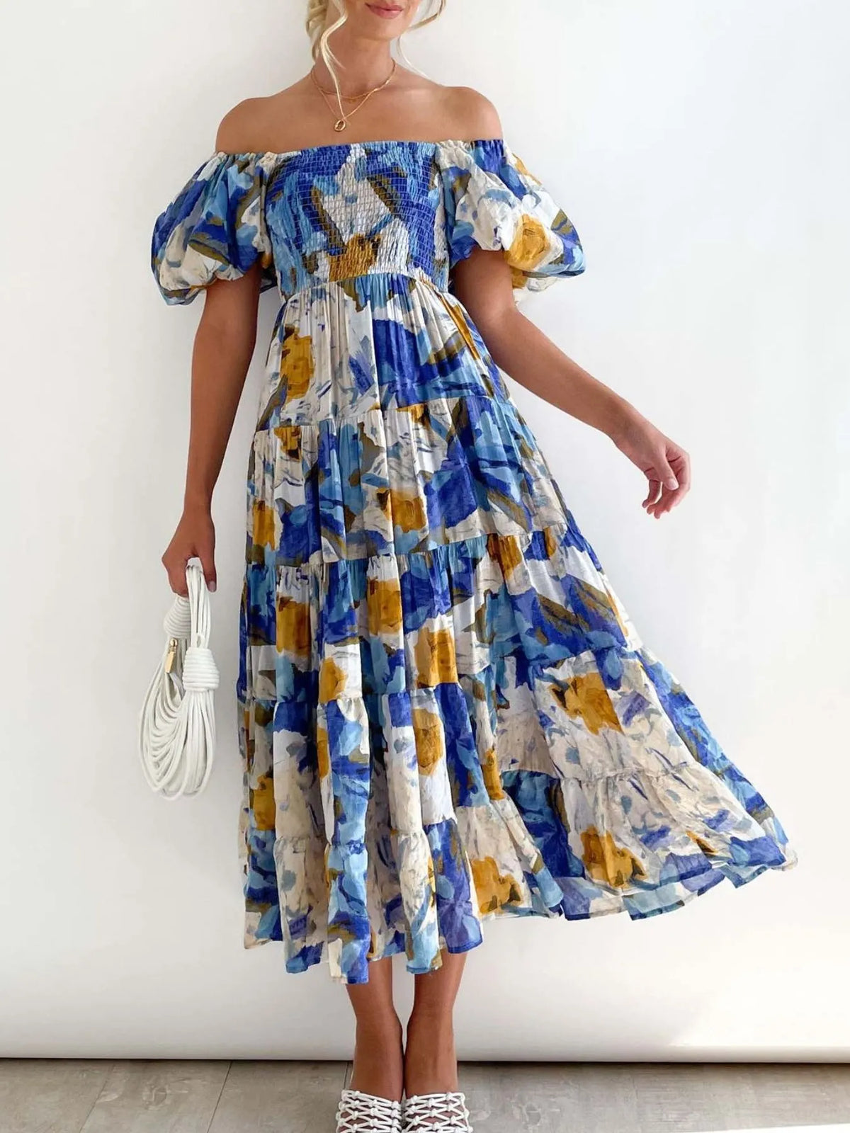 Floral Off Shoulder Smocked Puff Sleeve Tiered Maxi Dress 9