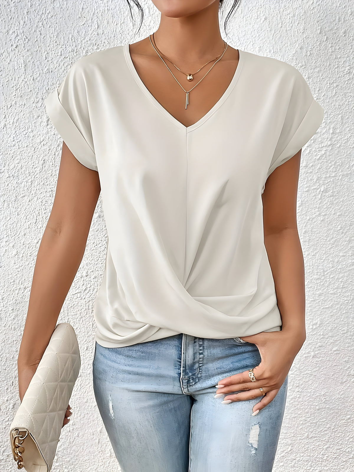 V-Neck Short Sleeve Twist Front Top